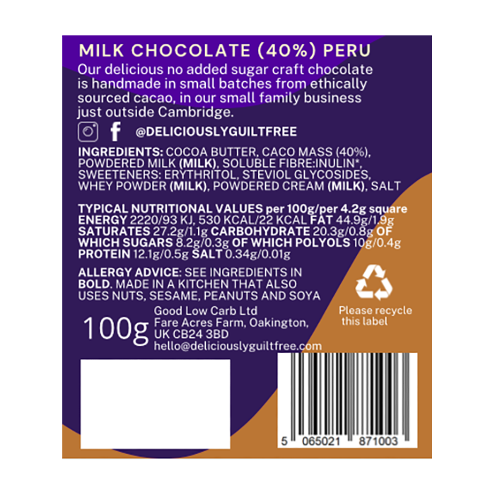 DELICIOUSLY GUILT FREE Keto Craft Milk Chocolate 100g